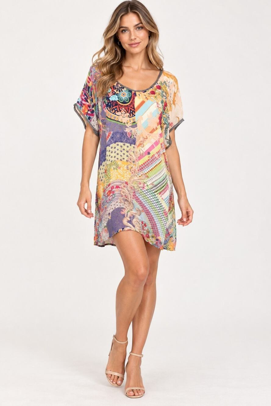 Johnny Was Patchwork Blue Yellow Mini Tunic Dress Large